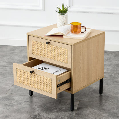 Modern simple storage cabinet MDF Board bedside cabinet Japanese rattan bedside cabinet Small household furniture bedside table.Applicable to dressing table in bedroom, porch, living room.2 Drawers