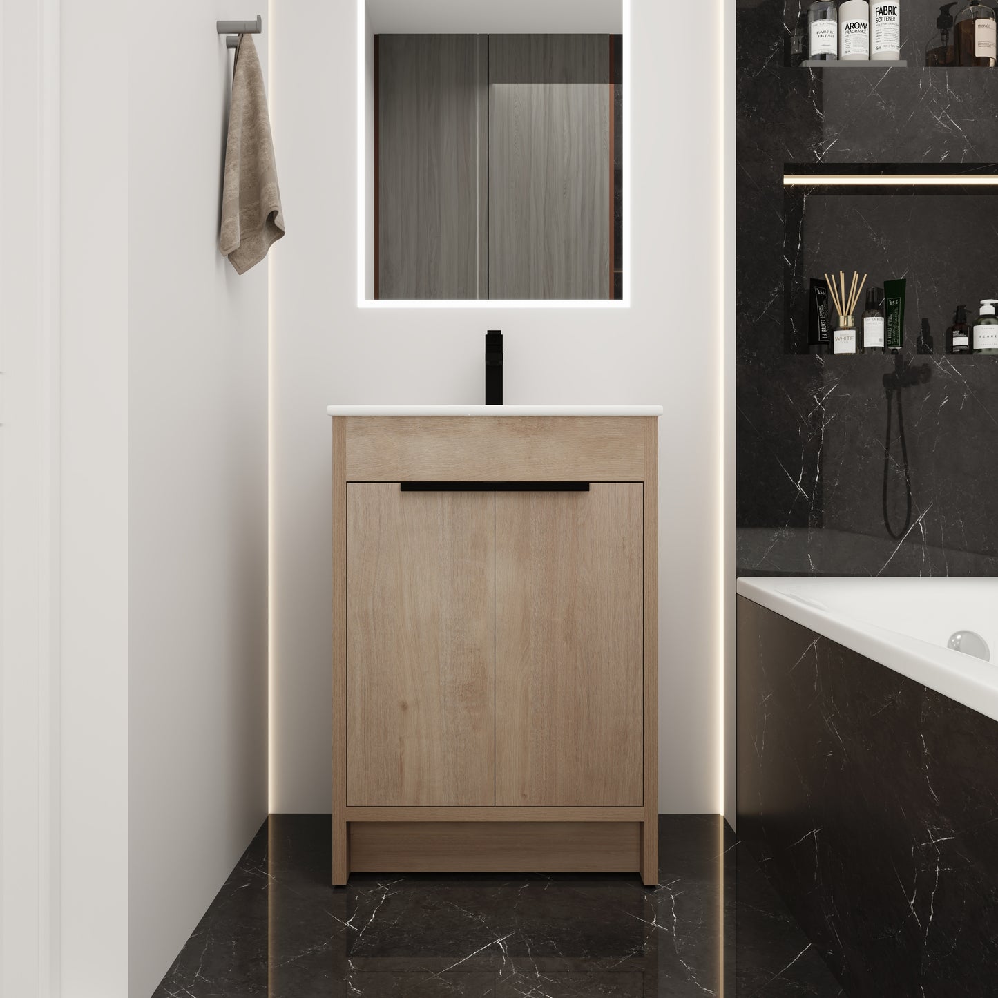 Freestanding Bathroom Vanity with White Ceramic Sink & 2 Soft-Close Cabinet Doors ((KD-PACKING),BVB02424PLO-G-BL9060B)