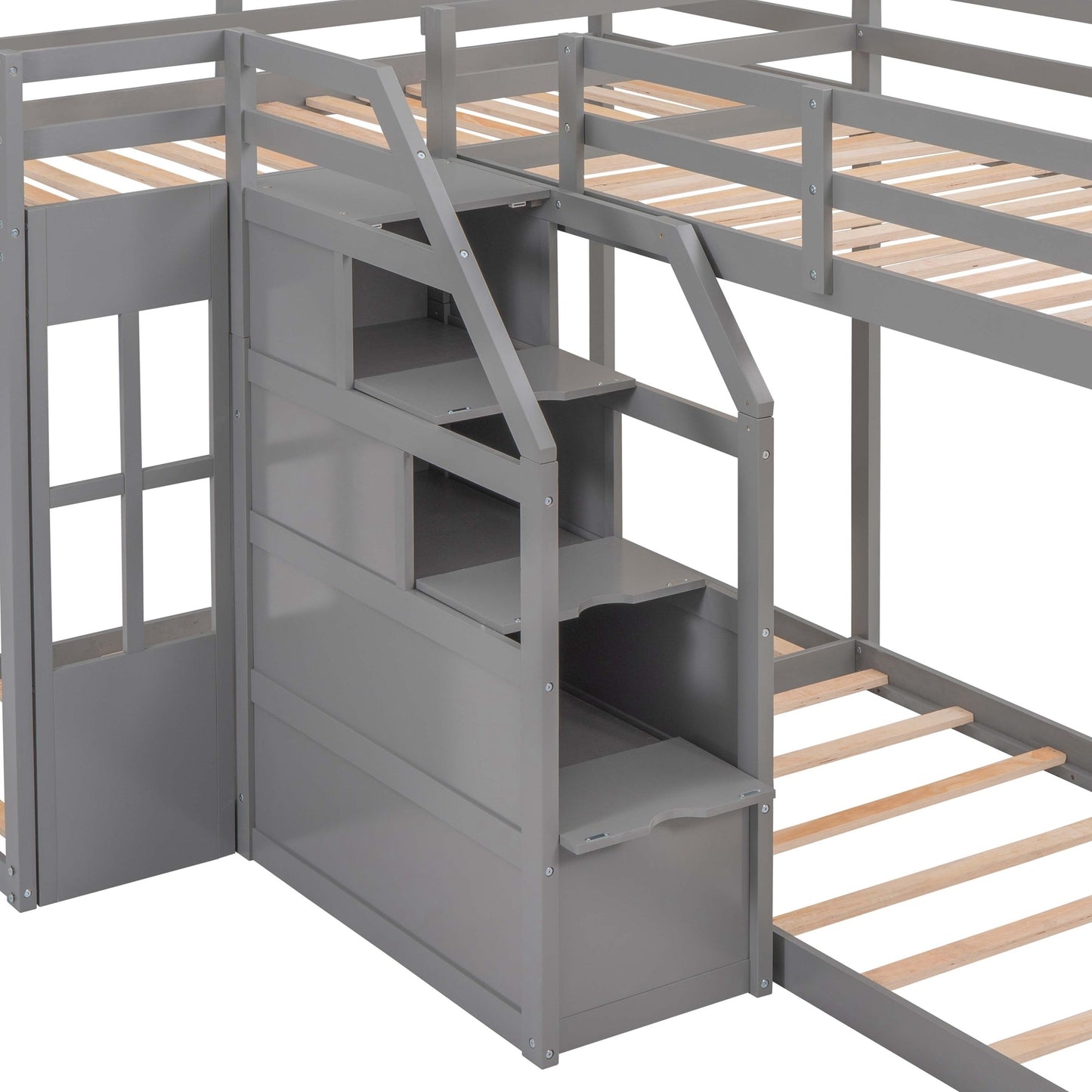 Twin over Twin L-Shaped Bunk Bed with Built-in Middle Staircase,Gray