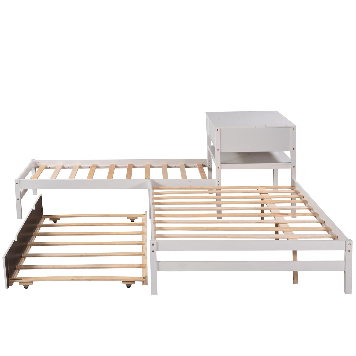 L-Shaped Full Size and Twin Size Platform Beds with Twin Size Trundle and Drawer Linked with Built-in Rectangle Table,White