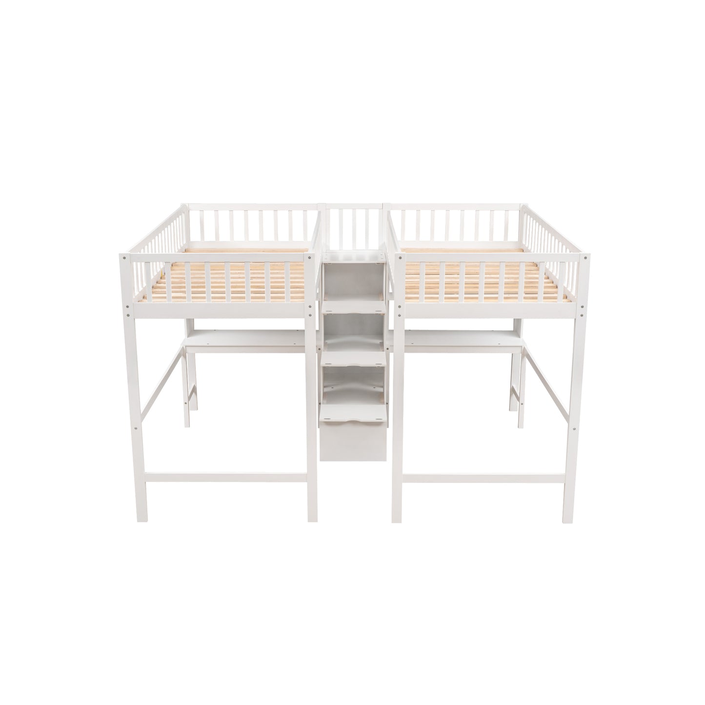 Twin & Twin Size Loft Bed with 2 Built-in Desks and Shelves, Storage Staircase, White