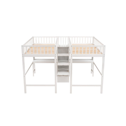 Twin & Twin Size Loft Bed with 2 Built-in Desks and Shelves, Storage Staircase, White