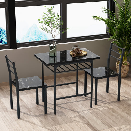 Modern 3-Piece  Dining Table Set with  2 Chairs for Dining Room，Black Frame+Printed Black Marble Finish