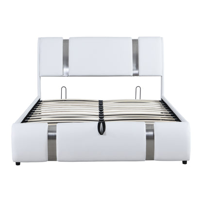 Full Size Upholstered Faux Leather Platform bed with a Hydraulic Storage System, White