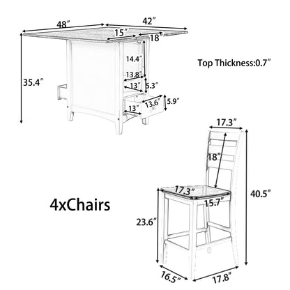TOPMAX Farmhouse Wood Counter Height 5-Piece Dining Table Set with Drop Leaf, Kitchen Set with Wine Rack and Drawers for Small Places, Walnut+White