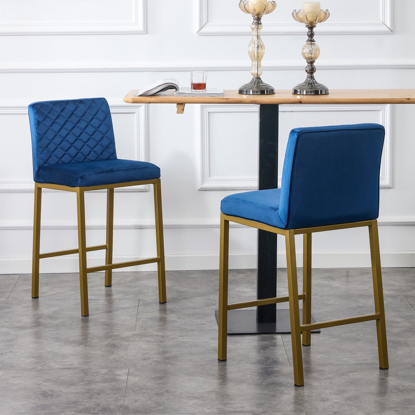 Cheap Modern Design High Counter Stool metal legs Kitchen Restaurant Dark blue  velvet Bar Chair(set of 2)