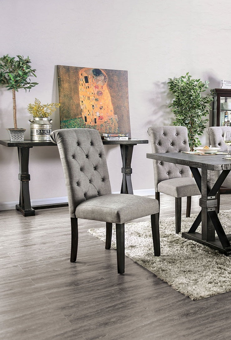 Classic Antique Black / Light Gray Set of 2 Side Chairs Button Tufted Linen Like Fabric Solid wood Chair Upholstered Scroll Back Kitchen Rustic Dining Room Furniture