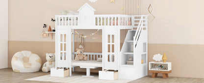 Twin-Over-Twin Bunk Bed with Changeable Table , Bunk Bed  Turn into Upper Bed and Down Desk with 2 Drawers - White