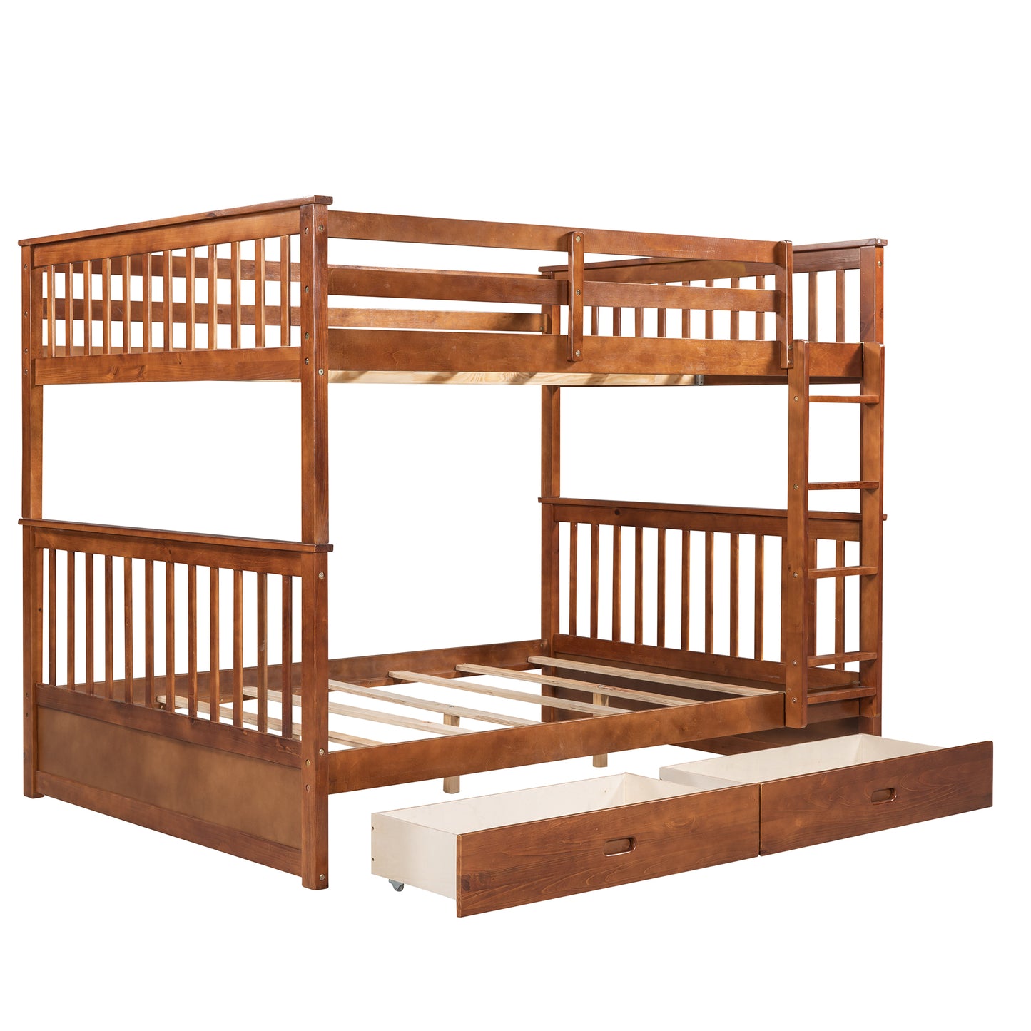 Full-Over-Full Bunk Bed with Ladders and Two Storage Drawers (Walnut)