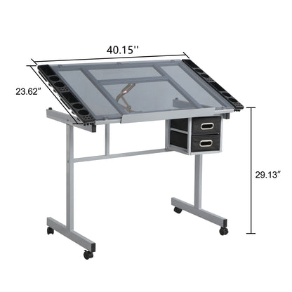 Adjustable Art Drawing Desk Craft Station Drafting   with 2 Non-woven fabric Slide Drawers and 4 Wheels