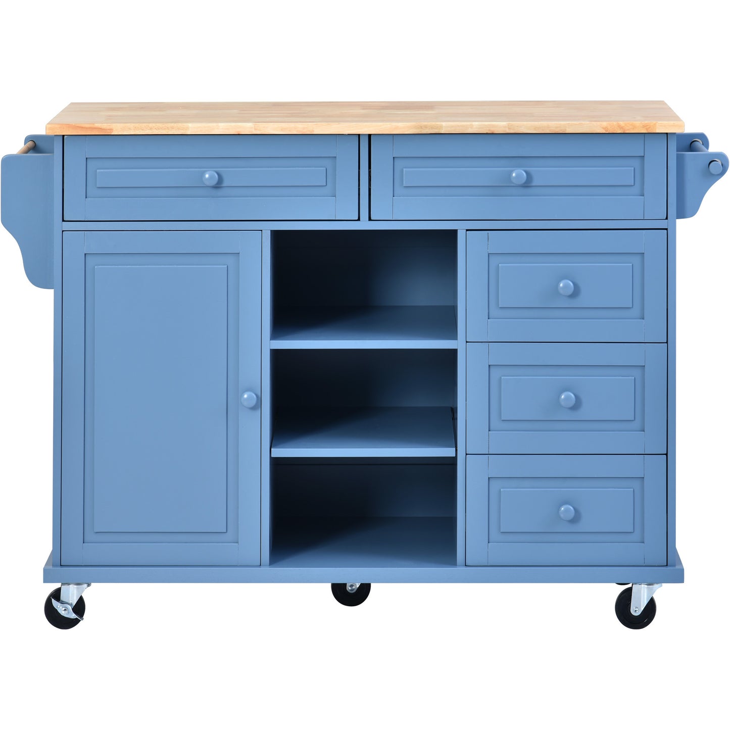 K&K kitchen cart with Rubber wood desktop rolling mobile kitchen island with storage and 5 draws 53 Inch width （Blue）