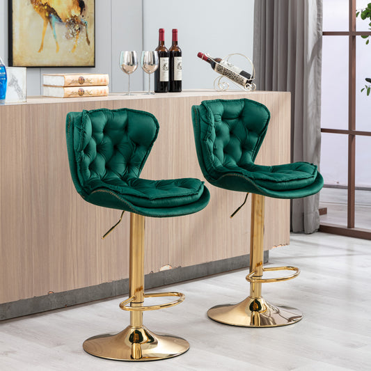 Set of 2  Bar Stools,with Chrome Footrest and Base Swivel Height Adjustable Mechanical Lifting Velvet + Golden Leg Simple Bar Stool-Green