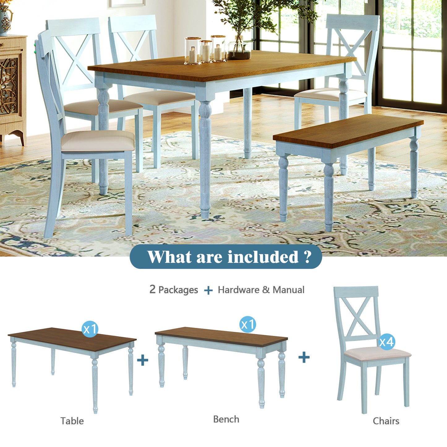 TOPMAX 6 Piece Dining Table set with Bench,Wooden Kitchen Table Set w/ 4 Padded Dining Chairs,Blue