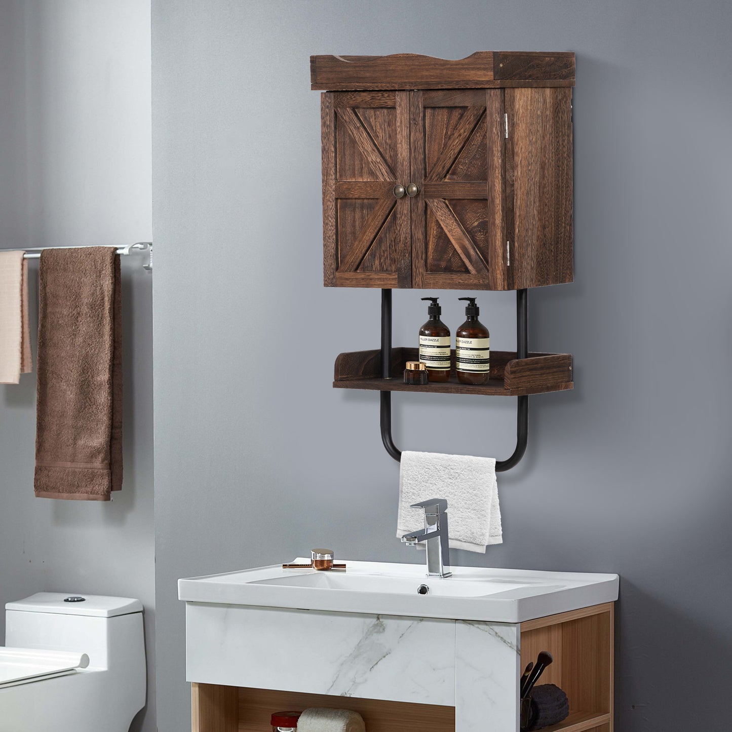 Bathroom Storage Cabinet with One Open Shelf, Wall Mounted Wooden Cabinet, Antique Brown