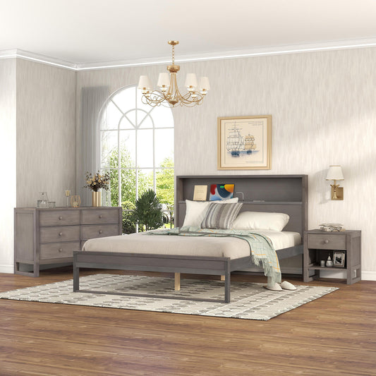 3-Pieces Bedroom Sets Queen Size Platform Bed with Nightstand and Dresser,Antique Gray