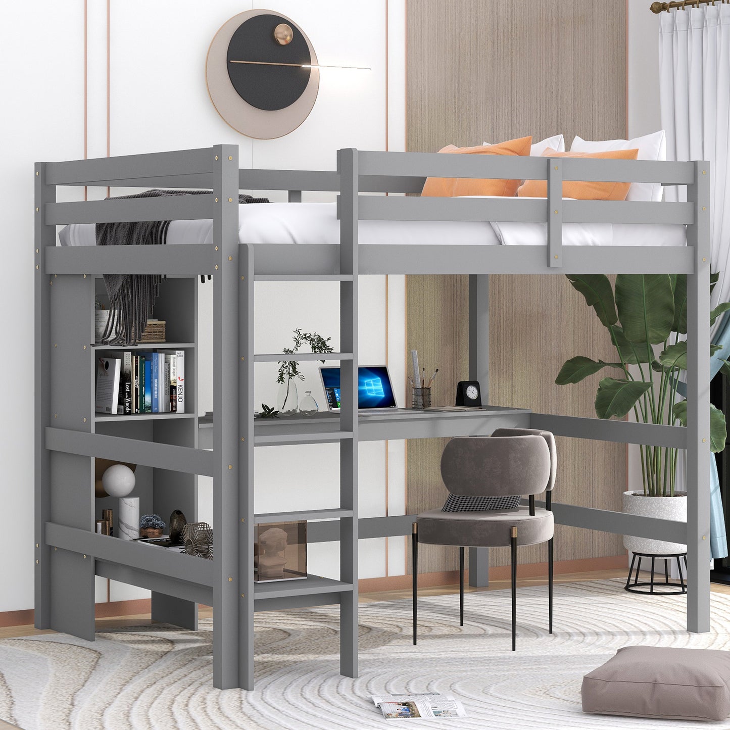 Full Size Loft Bed with Multifunction Shelves and Under-bed Desk, Gray