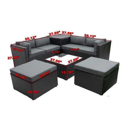 6 Piece Patio Rattan Wicker Outdoor Furniture Conversation Sofa Set with Storage Box Removeable Cushions and Temper glass TableTop