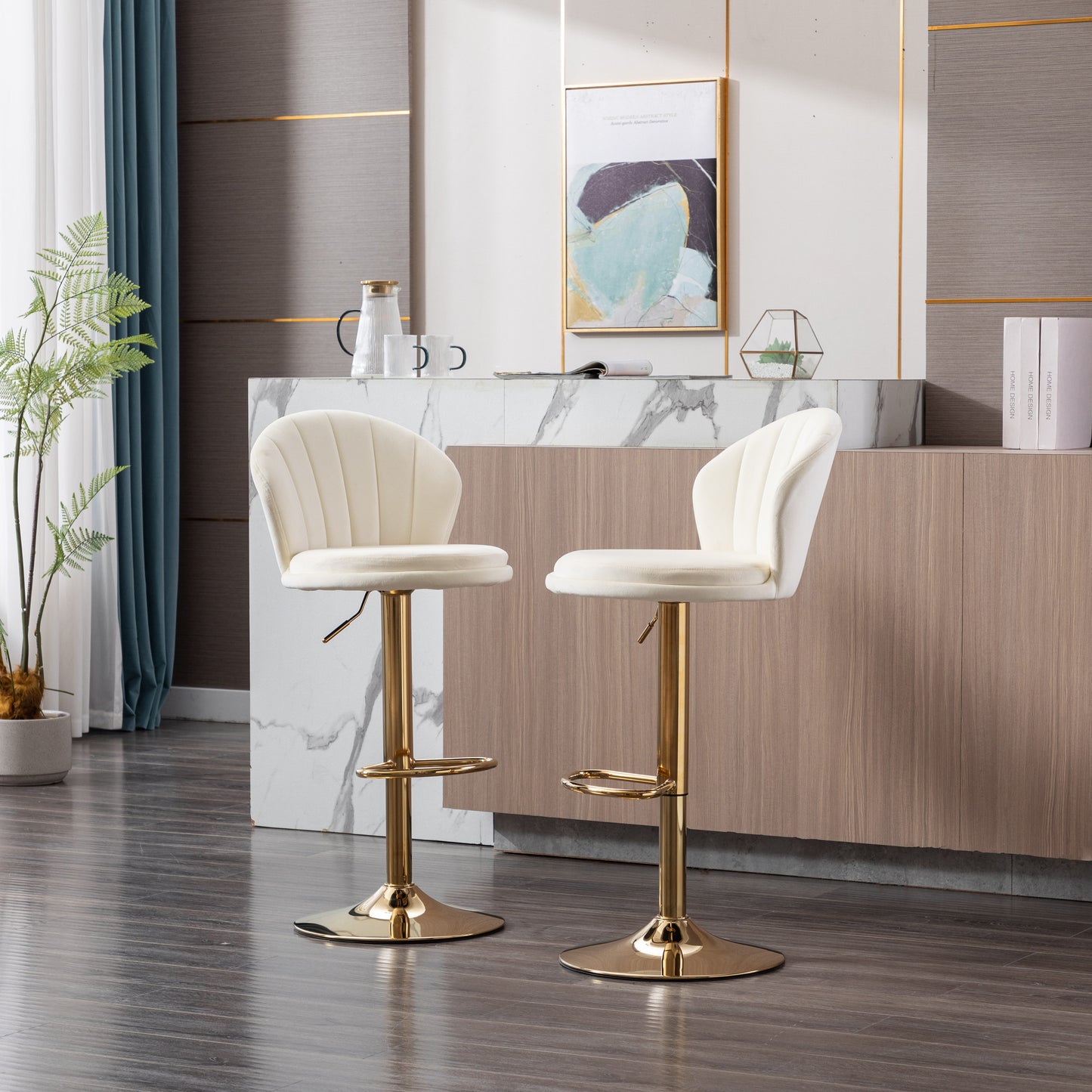 Set of 2  Bar Stools,with Chrome Footrest and Base Swivel Height Adjustable Mechanical Lifting Velvet + Golden Leg Simple Bar Stool-Cream