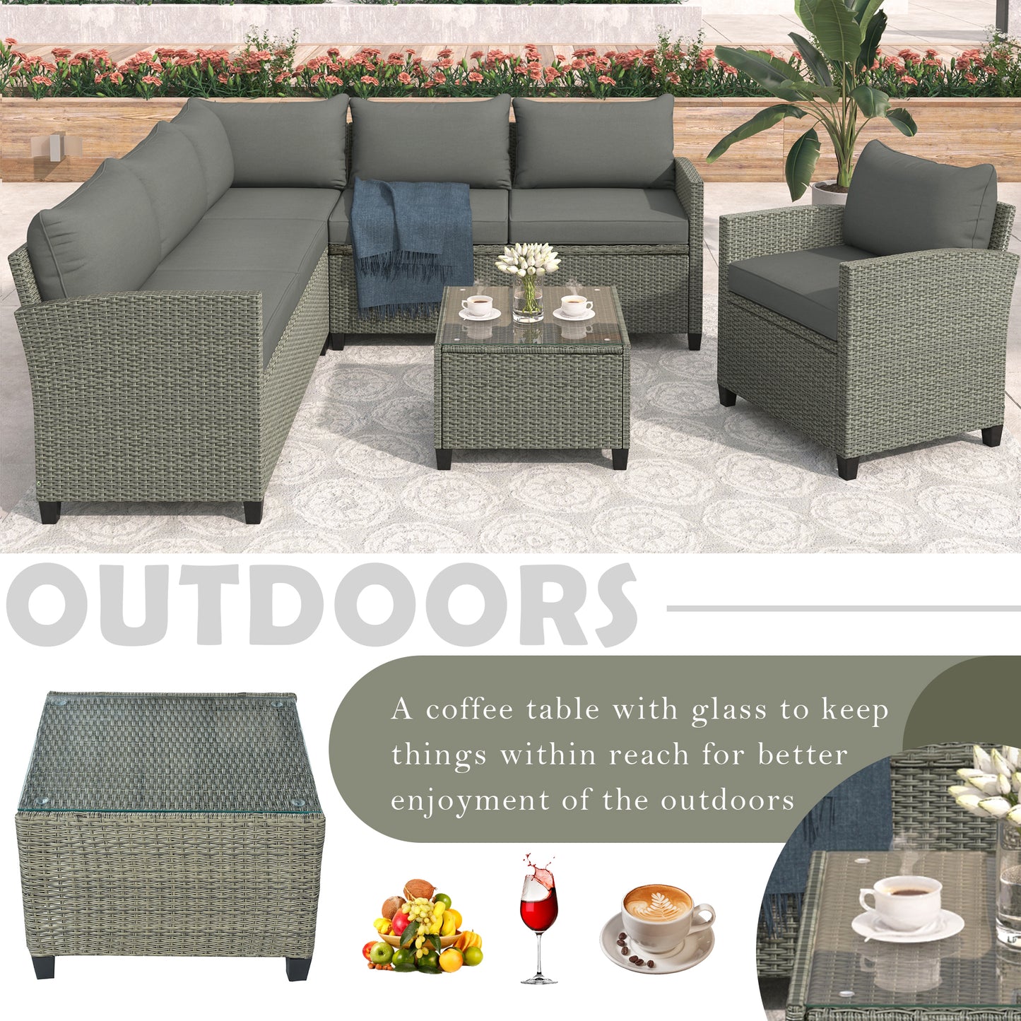 U_STYLE Patio Furniture Set, 5 Piece Outdoor Conversation Set，with Coffee Table, Cushions and Single Chair