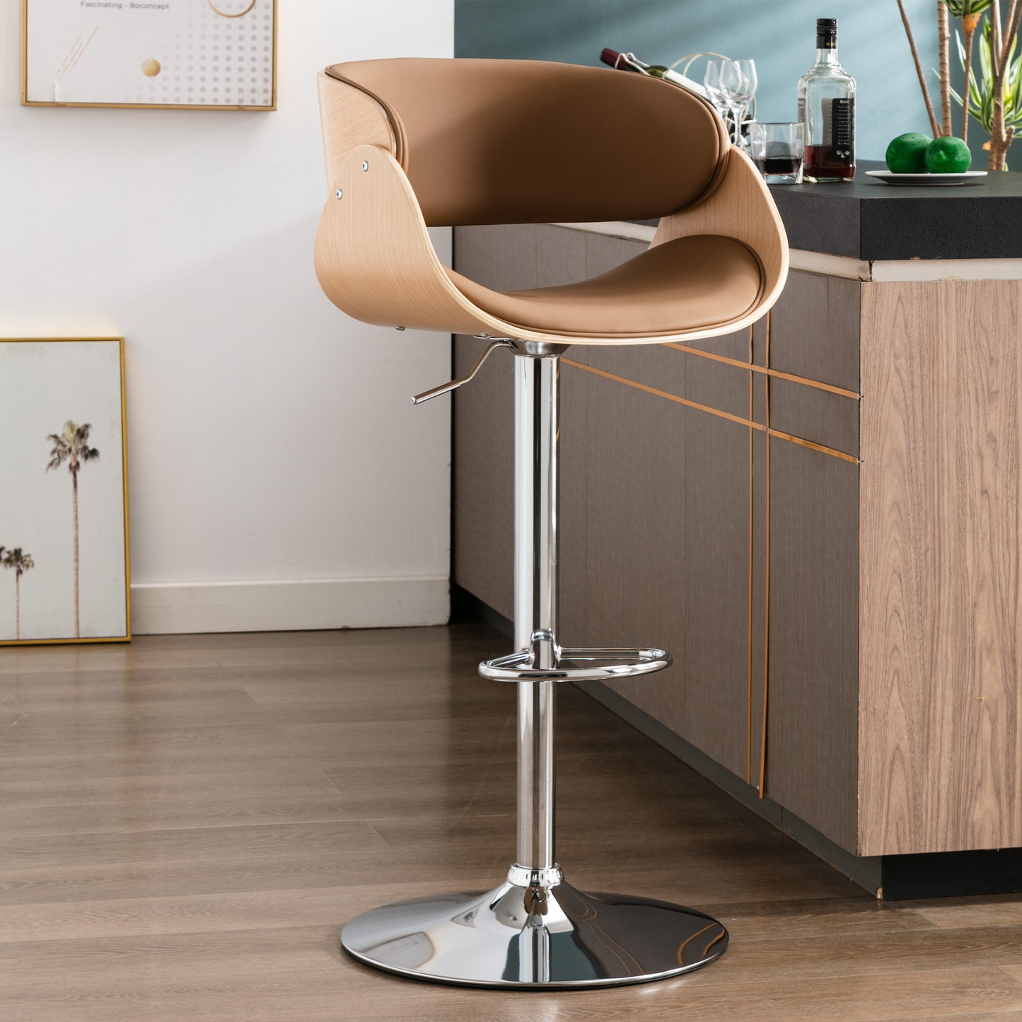 HengMing  Adjustable/Swivel Bar Stool, PU Leather Ecru Bent wood Bar Chair