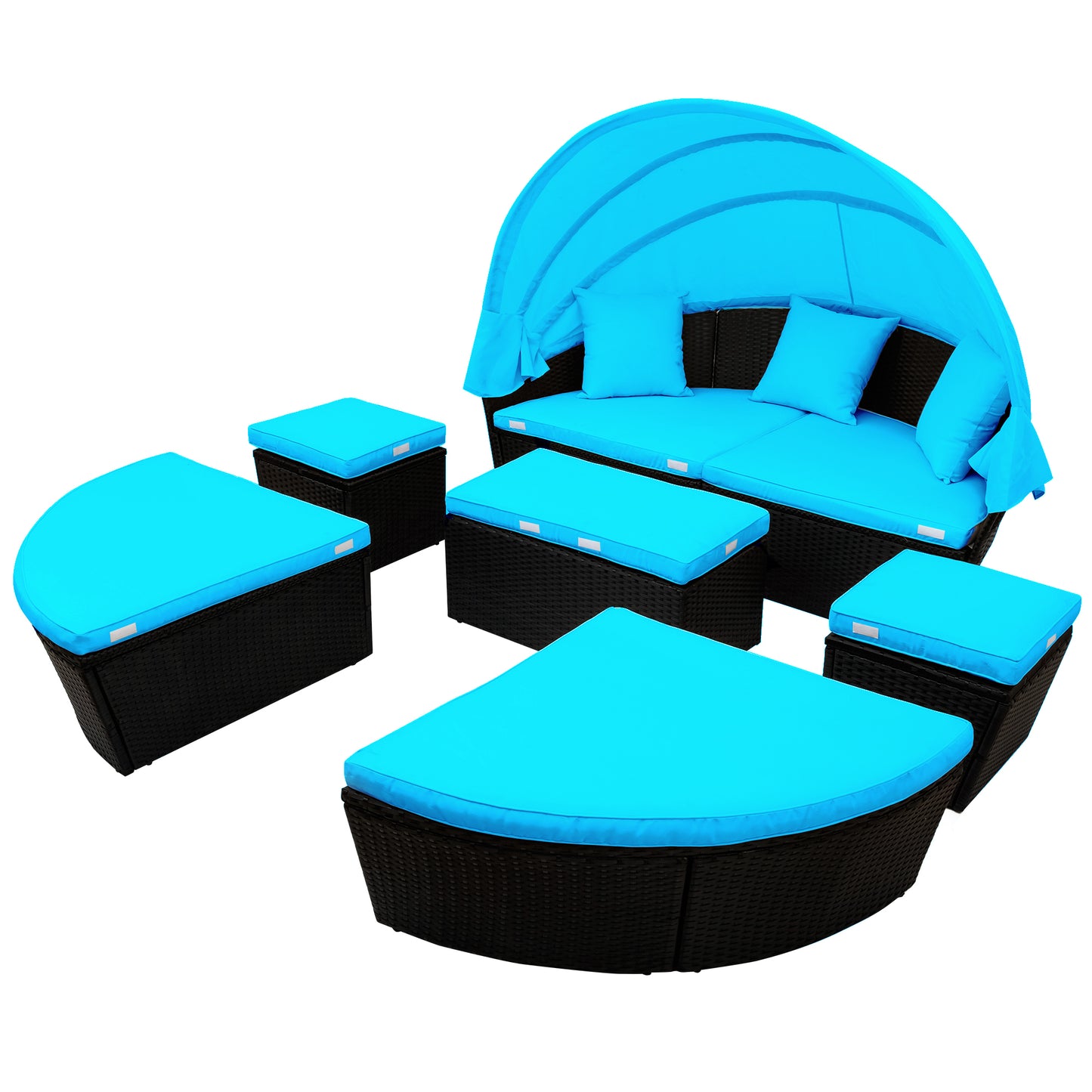 Outdoor rattan daybed sunbed with Retractable Canopy Wicker Furniture, Round Outdoor Sectional Sofa Set, black Wicker Furniture Clamshell  Seating with Washable Cushions, Backyard, Porch, Blue.