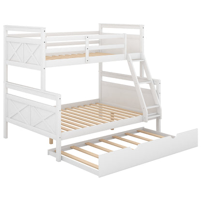 Twin over Full Bunk Bed with Ladder, Twin Size Trundle, Safety Guardrail, White