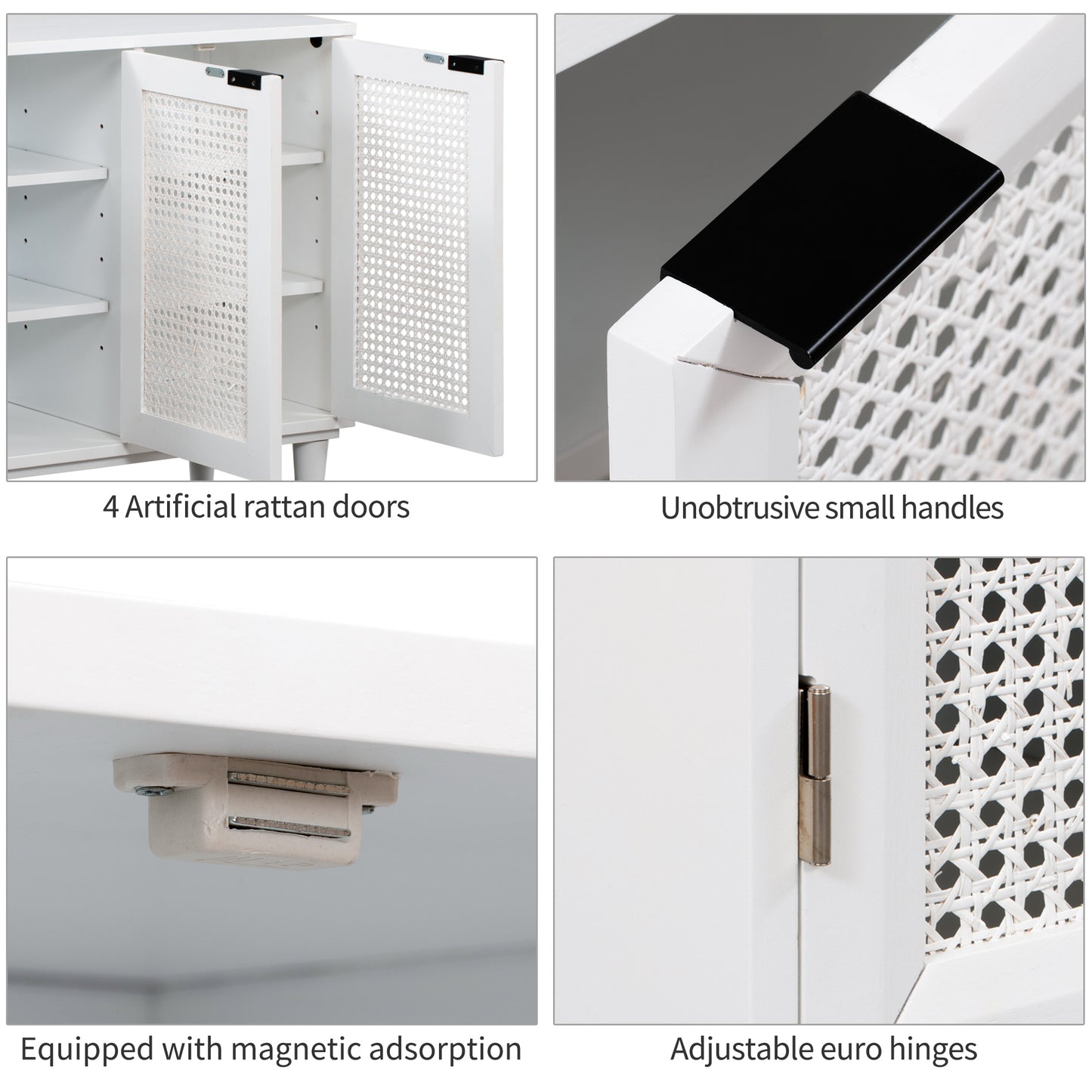TREXM Large Storage Space Sideboard with Artificial Rattan Door and Unobtrusive Doorknob for Living Room and Entryway (White)