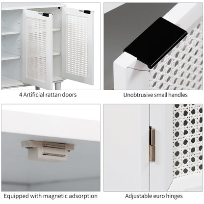 TREXM Large Storage Space Sideboard with Artificial Rattan Door and Unobtrusive Doorknob for Living Room and Entryway (White)