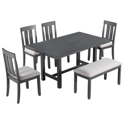 TREXM Rustic Farmhouse 6-Piece Wooden Rustic Style Dining Set, Including Table, 4 Chairs & Bench (Gray)