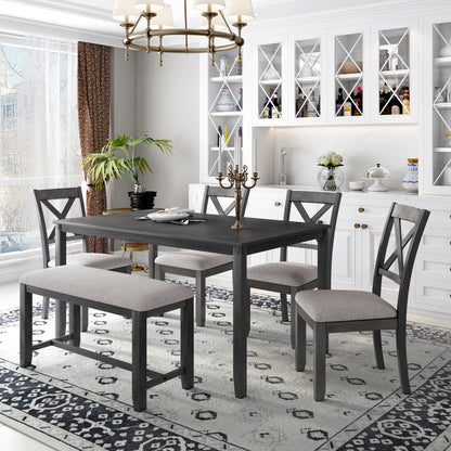 TREXM 6-Piece Kitchen Dining Table Set Wooden Rectangular Dining Table, 4 Fabric Chairs and Bench Family Furniture (Grey)