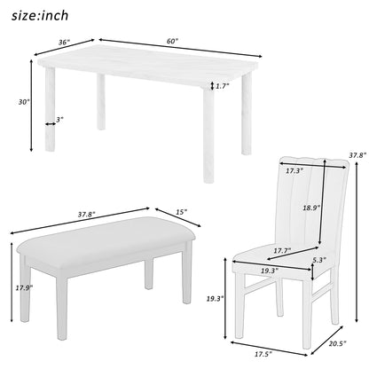 TREXM 6-Piece Dining Table Set with Marble Veneer Table and 4 Flannelette Upholstered Dining Chairs & Bench (White+Blue)