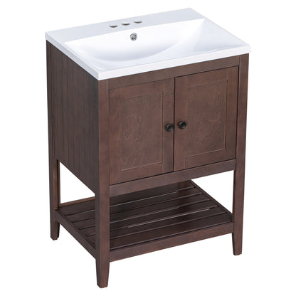 [VIDEO] 24" Brown Modern Sleek Bathroom Vanity Elegant Ceramic Sink with Solid Wood Frame Open Style Shelf