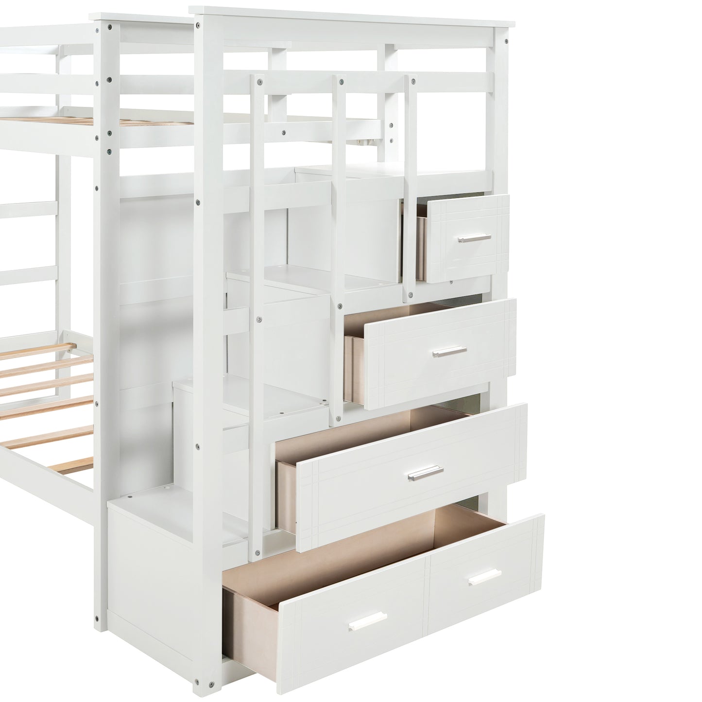 Solid Wood Bunk Bed, Hardwood Twin Over Twin Bunk Bed with Trundle and Staircase, Natural White Finish(OLD SKU :LP000068AAP)