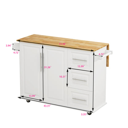 Kitchen Island Cart with 2 Door Cabinet and Three Drawers,53.5 Inch Width with Spice Rack, Towel Rack （White)