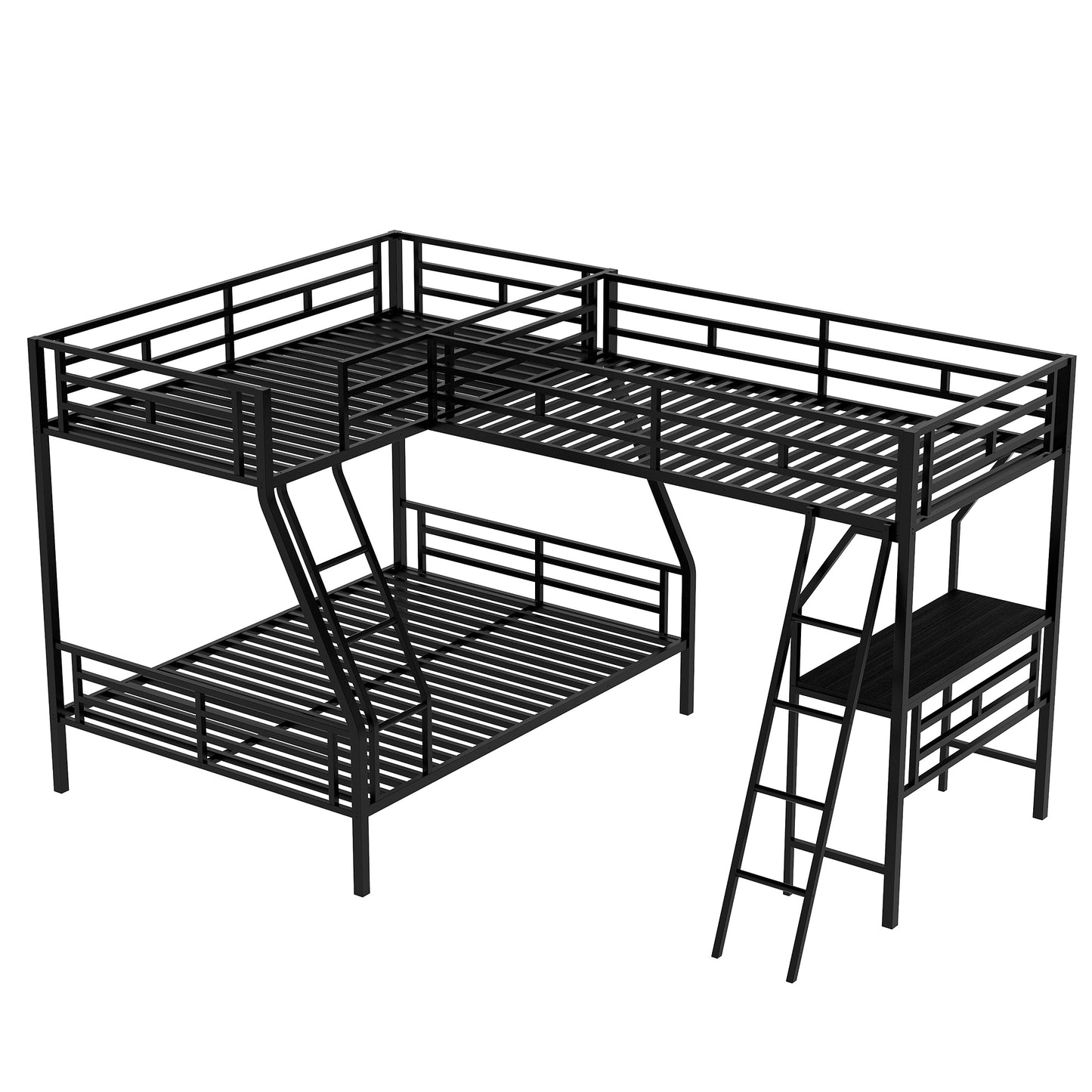 Twin over Full Bunk Bed with a Twin Size Loft Bed attached, with a Desk, Metal, Black