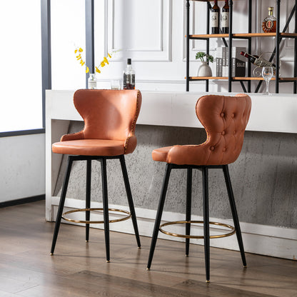 A&A Furniture,29" Modern Leathaire Fabric bar chairs,180° Swivel Bar Stool Chair for Kitchen,Tufted Gold Nailhead Trim Gold Decoration Bar Stools with Metal Legs,Set of 2 (Orange)