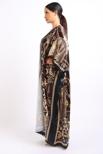 Printed satin maxi kimono