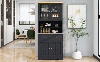 TREXM 70.9" Multifunctional Pantry Cabinet MDF Storage Cabinet with Glass Doors, A Large Drawer and Adjustable Shelves (Black)