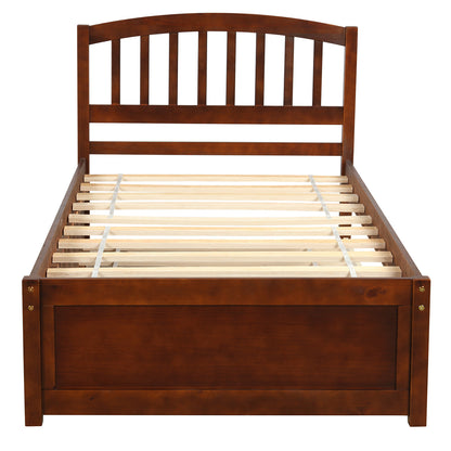 Twin size Platform Bed Wood Bed Frame with Trundle, Walnut