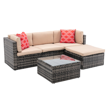 5Pcs Outdoor Garden Patio Furniture  PE Rattan Wicker  Sectional Cushioned Sofa Sets with 2 Pillows and Coffee Table