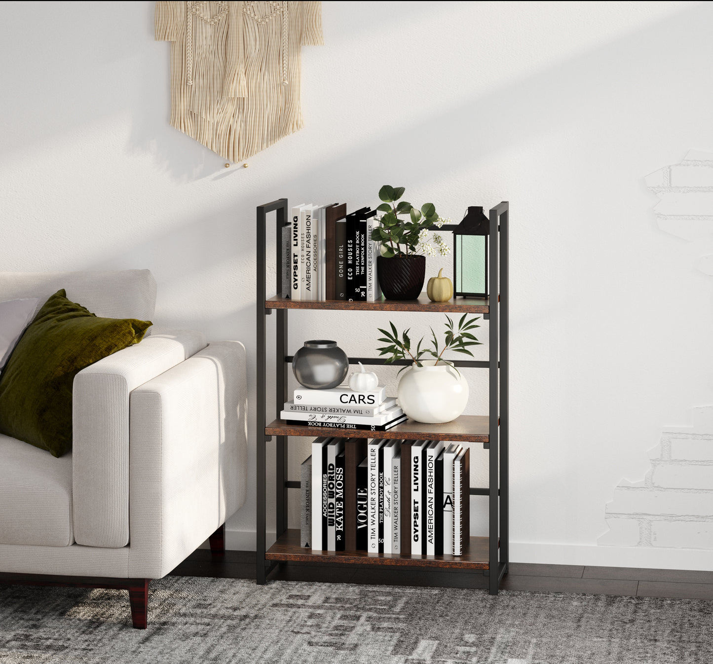 Three-layer folding bookshelf-black paint + retro color