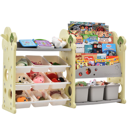 Kids Bookshelf Toy Storage Organizer with 12 Bins and 4 Bookshelves, Multi-functional Nursery Organizer Kids Furniture Set Toy Storage Cabinet Unit with HDPE Shelf and Bins