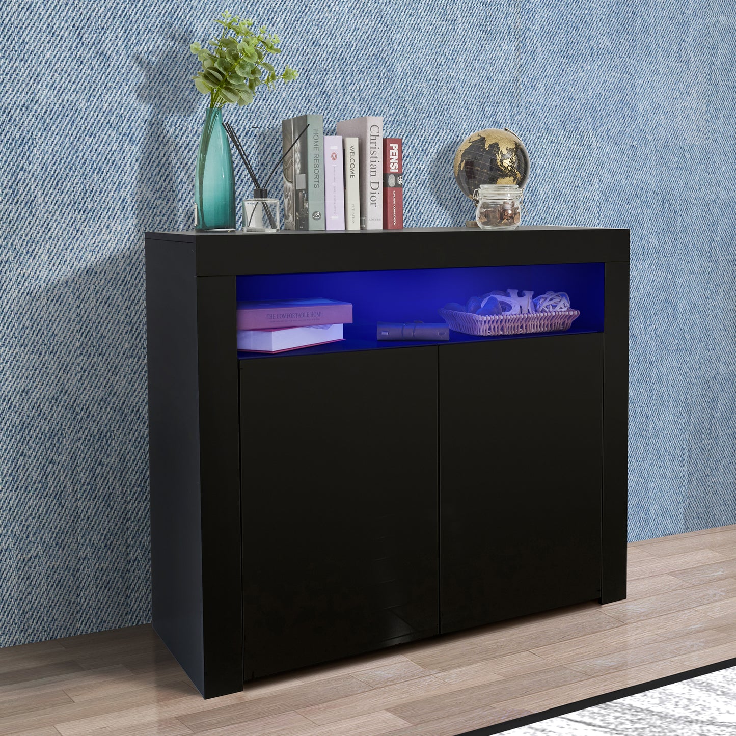 Living Room Sideboard Storage Cabinet Black High Gloss with LED Light, Modern Kitchen Unit Cupboard Buffet Wooden Storage Display Cabinet TV Stand with 2 Doors for Hallway Dining Room