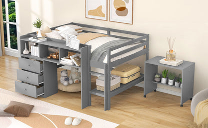 Full Size Low Loft Bed with Rolling Portable Desk, Drawers and Shelves,  Gray