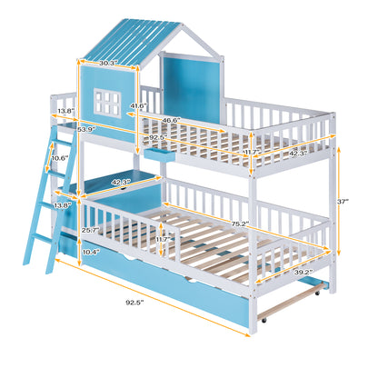 Twin over Twin Bunk Bed with Twin Size Trundle , Farmhouse Bed with Storage Box and Drawer - Blue