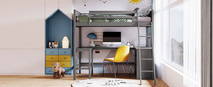 Twin size Loft Bed with Shelves and Desk, Wooden Loft Bed with Desk - Gray(OLD SKU:LT000537AAE)