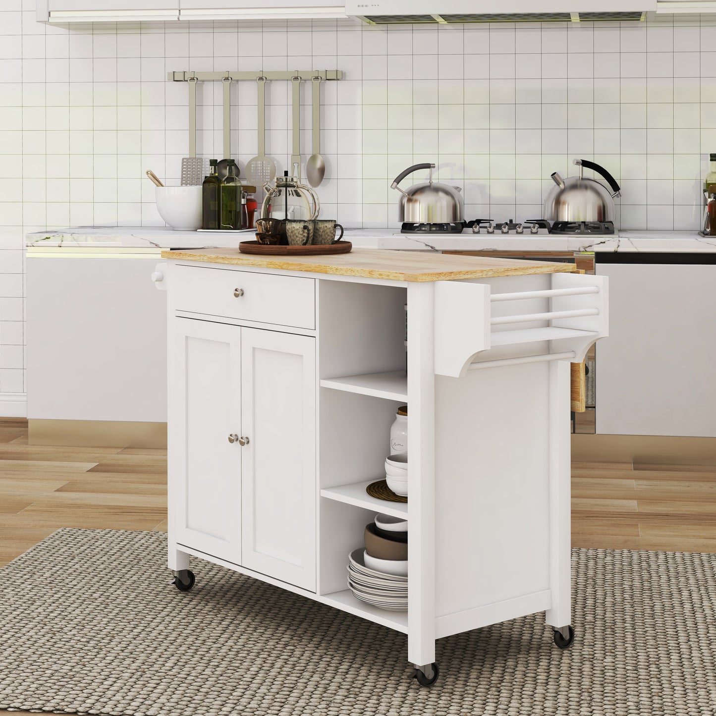 Double Door Kitchen Island with Lockable Wheels, Towel Rack, Storage Drawer and Three Open Shelves-White