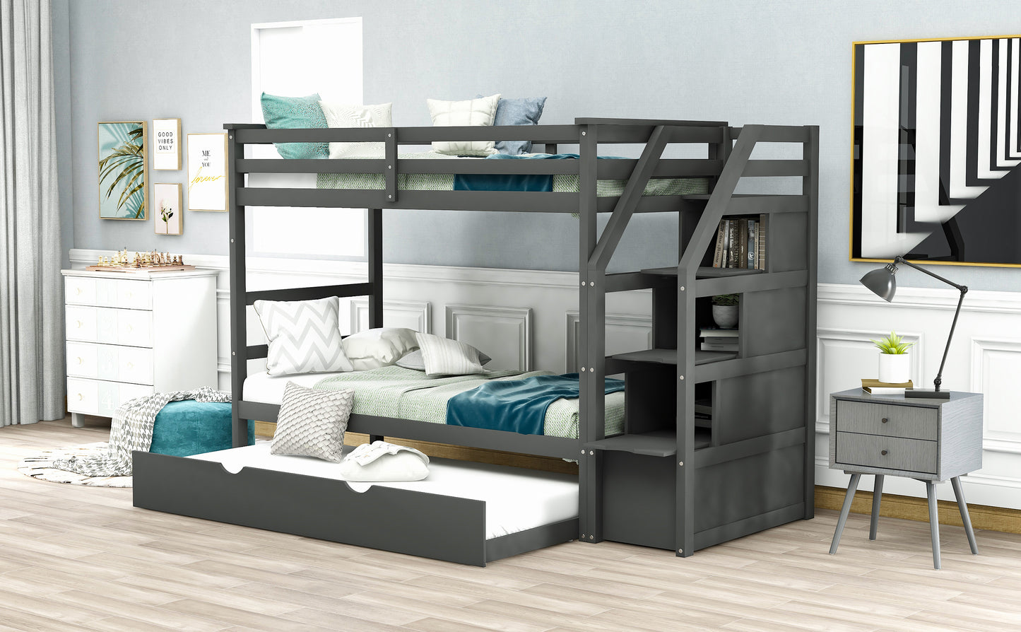 Twin-Over-Twin Bunk Bed with Twin Size Trundle and 3 Storage Stairs (Gray)