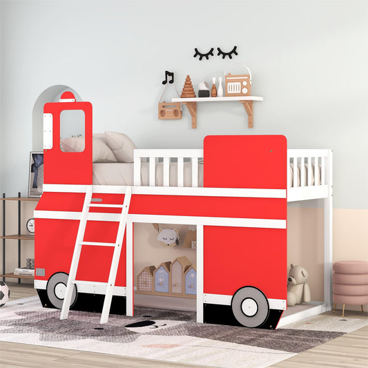 Twin Size Bus Shaped Loft Bed with Underbed Storage Space,Red