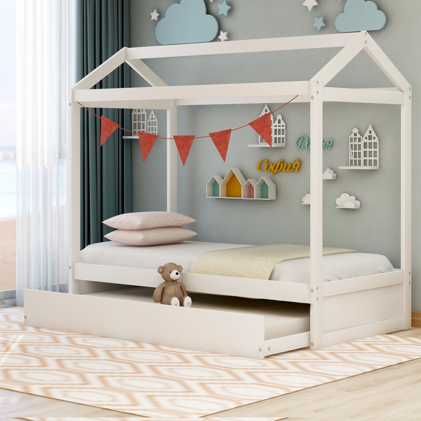 House Bed with Trundle, can be Decorated,White(Old SKU:SM000103AAK)